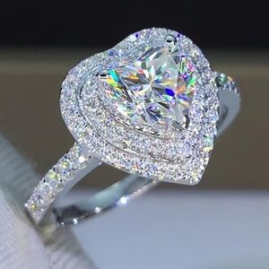 Heart-Shaped White Gold Ring with Crystal Accents - Size 8